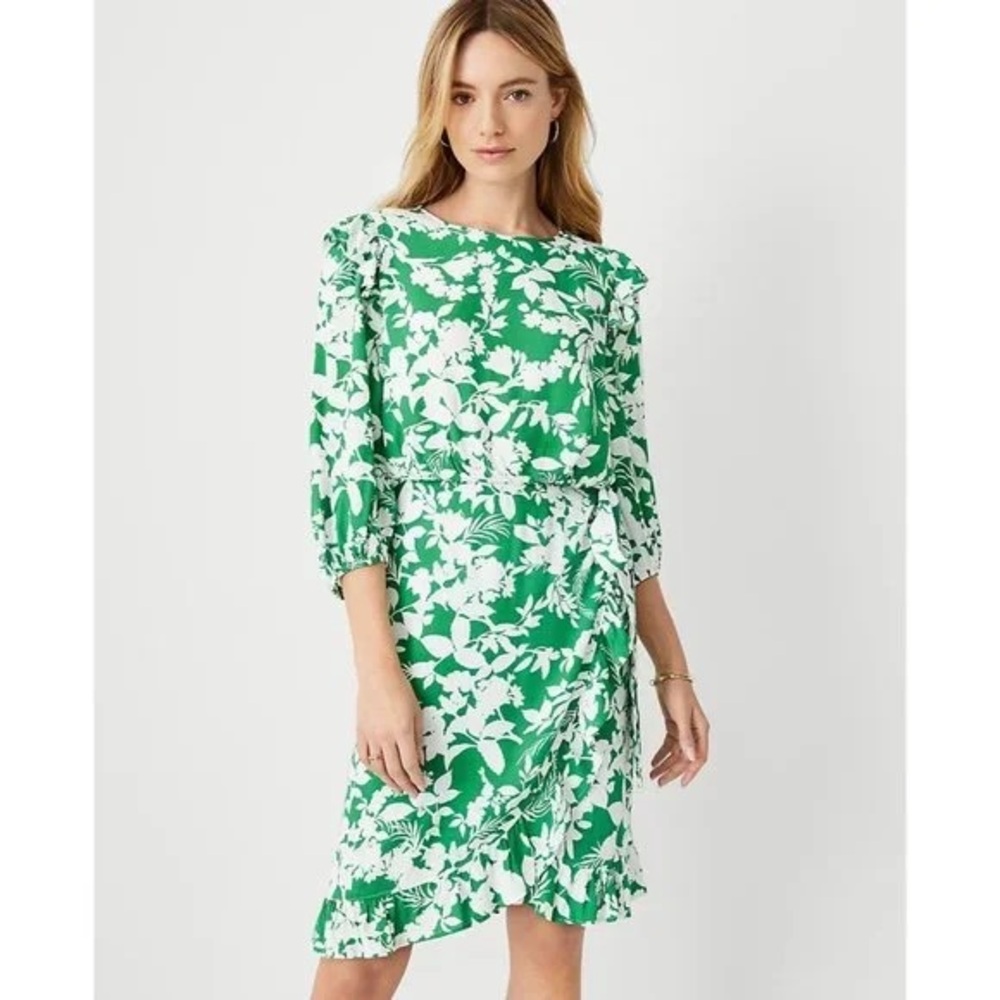 Ann Taylor Floral Side Tie Sheath Dress Natural Green & White Size 8 nwt